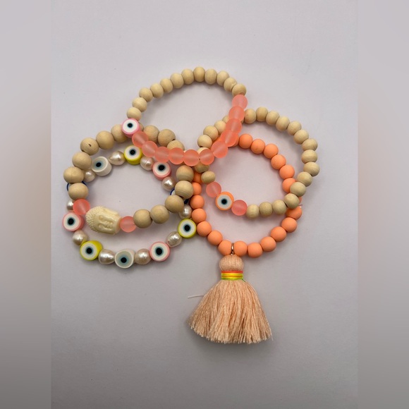 Pink & Beige Bohemian Stacked Bead Bracelet Set - Hippie Chic Bracelets - Picture 4 of 10